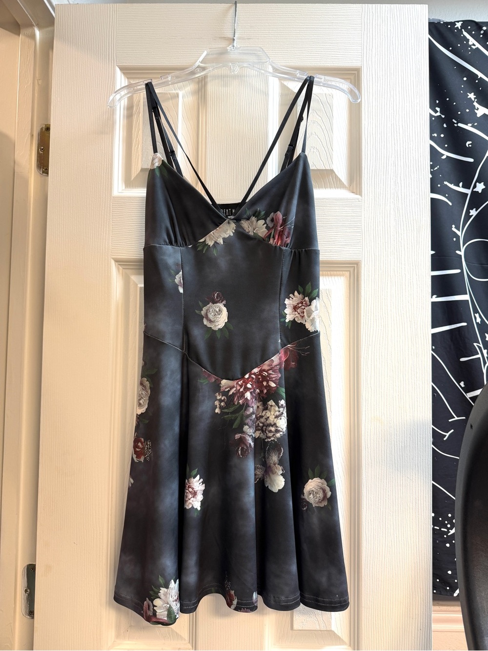 Current Mood Black Floral Satin Mini Dress with Double Straps